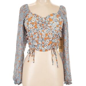 Madden NYC Floral Ruched Crop Top - Light Blue and Orange